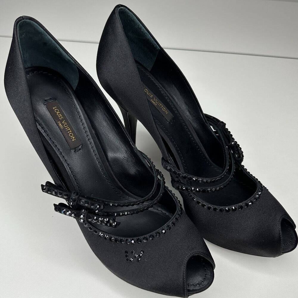 Louis Vuitton Vintage Black Satin Open Toe Crystal Strap Embellished Pumps 37.5 - Picture 13 of 13